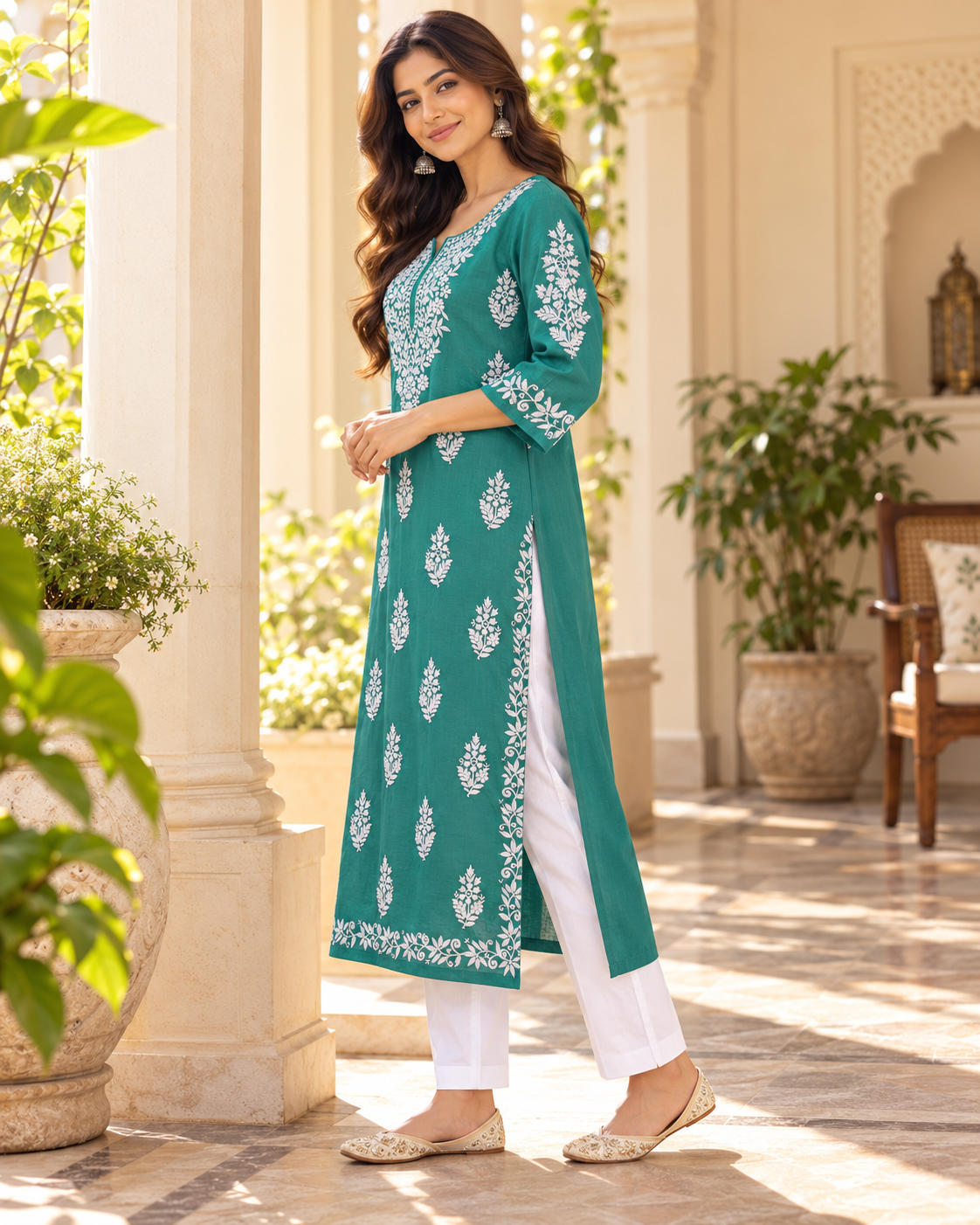 Jade Green Embroidered Cotton Kurta – Side profile and side cut