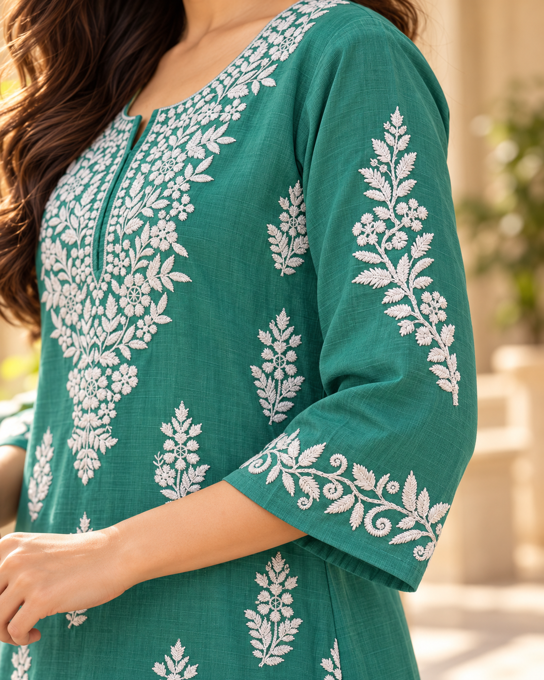 Jade Green Embroidered Cotton Kurta – Three quarter sleeve embroidery close up