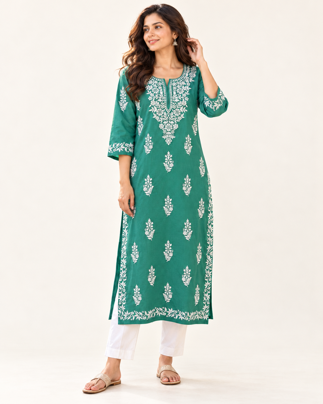 Jade Green Embroidered Cotton Kurta – Clean studio look