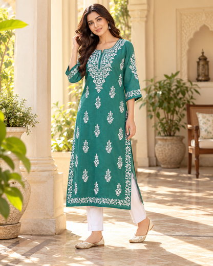 Jade Green Embroidered Cotton Kurta – Three quarter full length