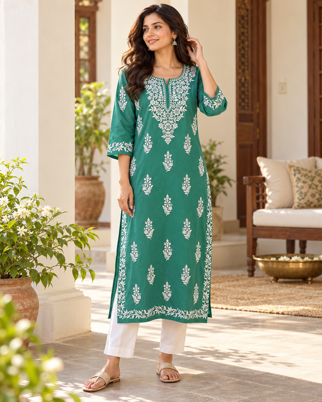 Jade Green Embroidered Cotton Kurta – Sunlit veranda lifestyle