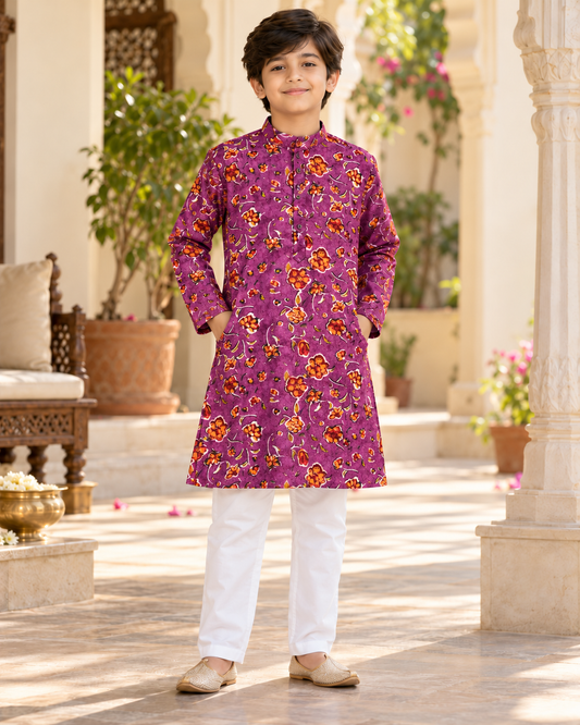 KUMORI Magenta Bloom Sequins Kurta Pyjama Set — front full length