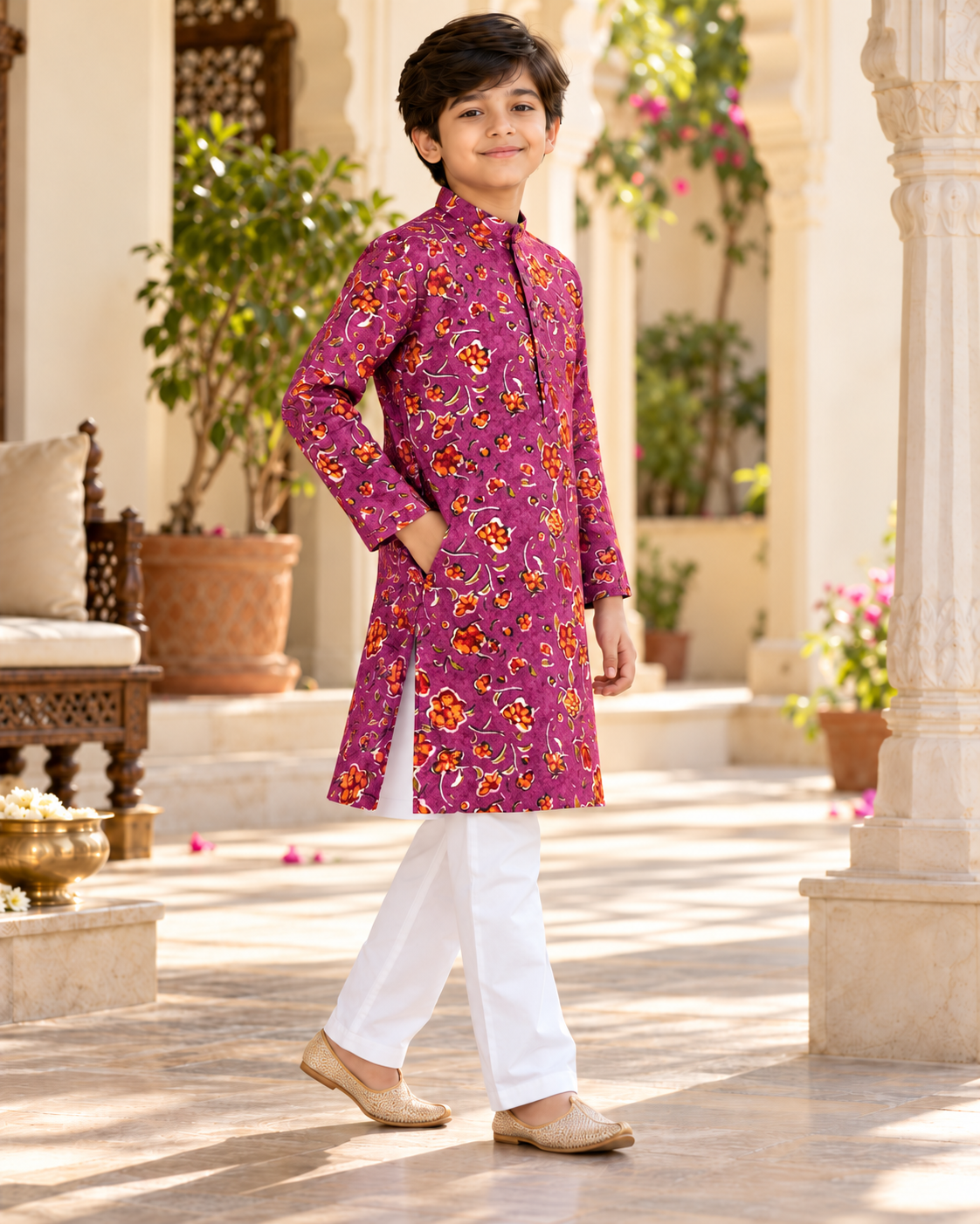 KUMORI Magenta Bloom Sequins Kurta Pyjama Set — side full length