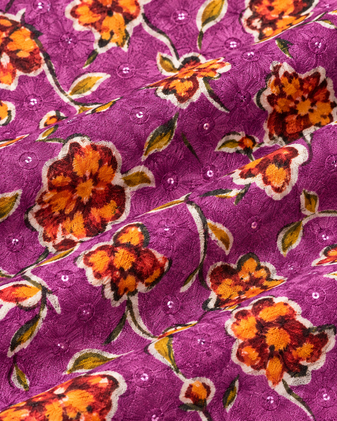 KUMORI Magenta Bloom Sequins Kurta Pyjama Set — purple magenta floral print and sequins texture