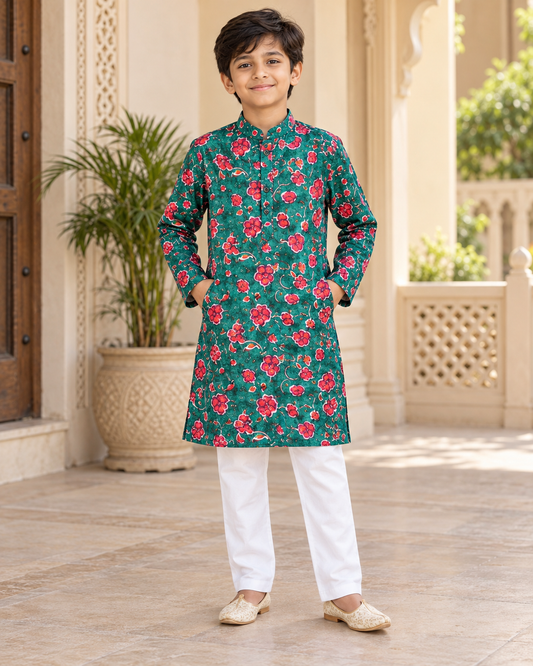 KUMORI Peacock Floral Sequins Kurta Pyjama Set — Front full-length view