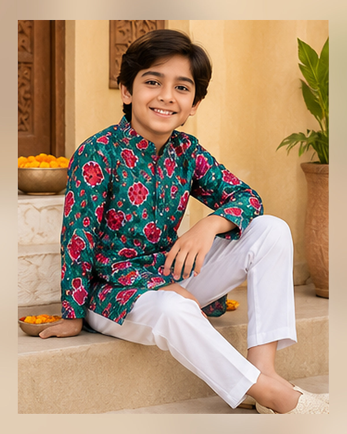 KUMORI Peacock Floral Sequins Kurta Pyjama Set – seated lifestyle view
