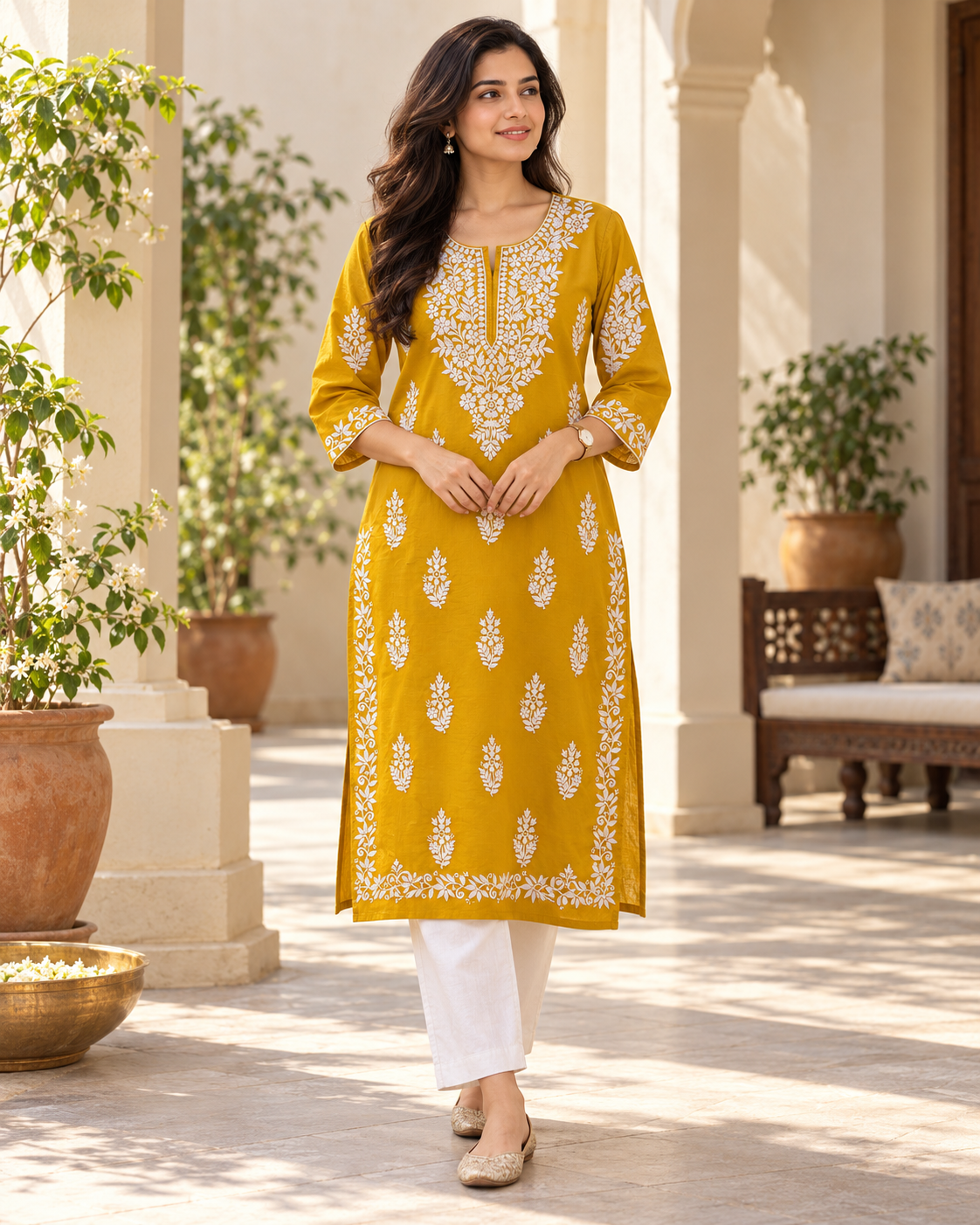 Marigold Yellow Embroidered Cotton Kurta full front hero