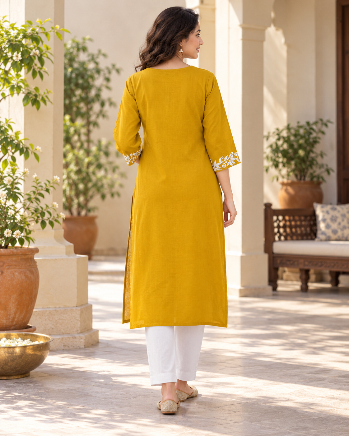 Marigold Yellow Embroidered Cotton Kurta plain back model view