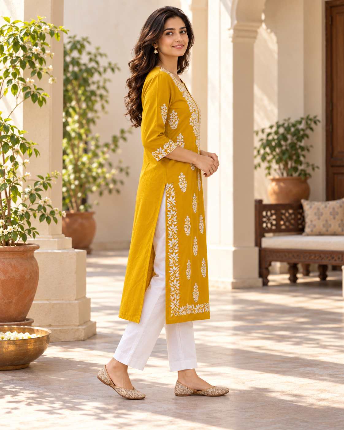 Marigold Yellow Embroidered Cotton Kurta side profile showing side cut