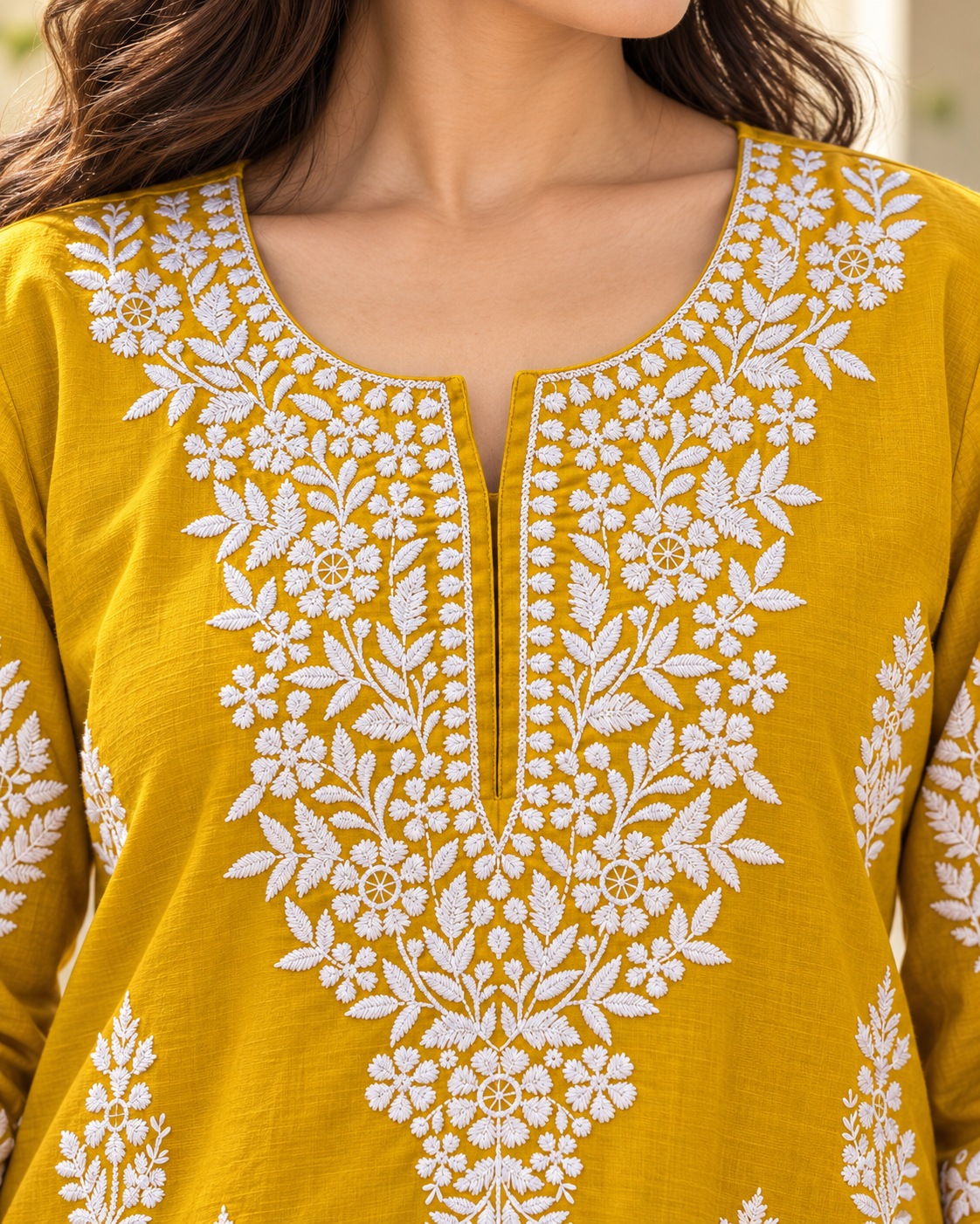 Marigold Yellow Embroidered Cotton Kurta model yoke embroidery closeup