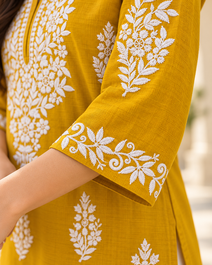 Marigold Yellow Embroidered Cotton Kurta model sleeve floral embroidery detail