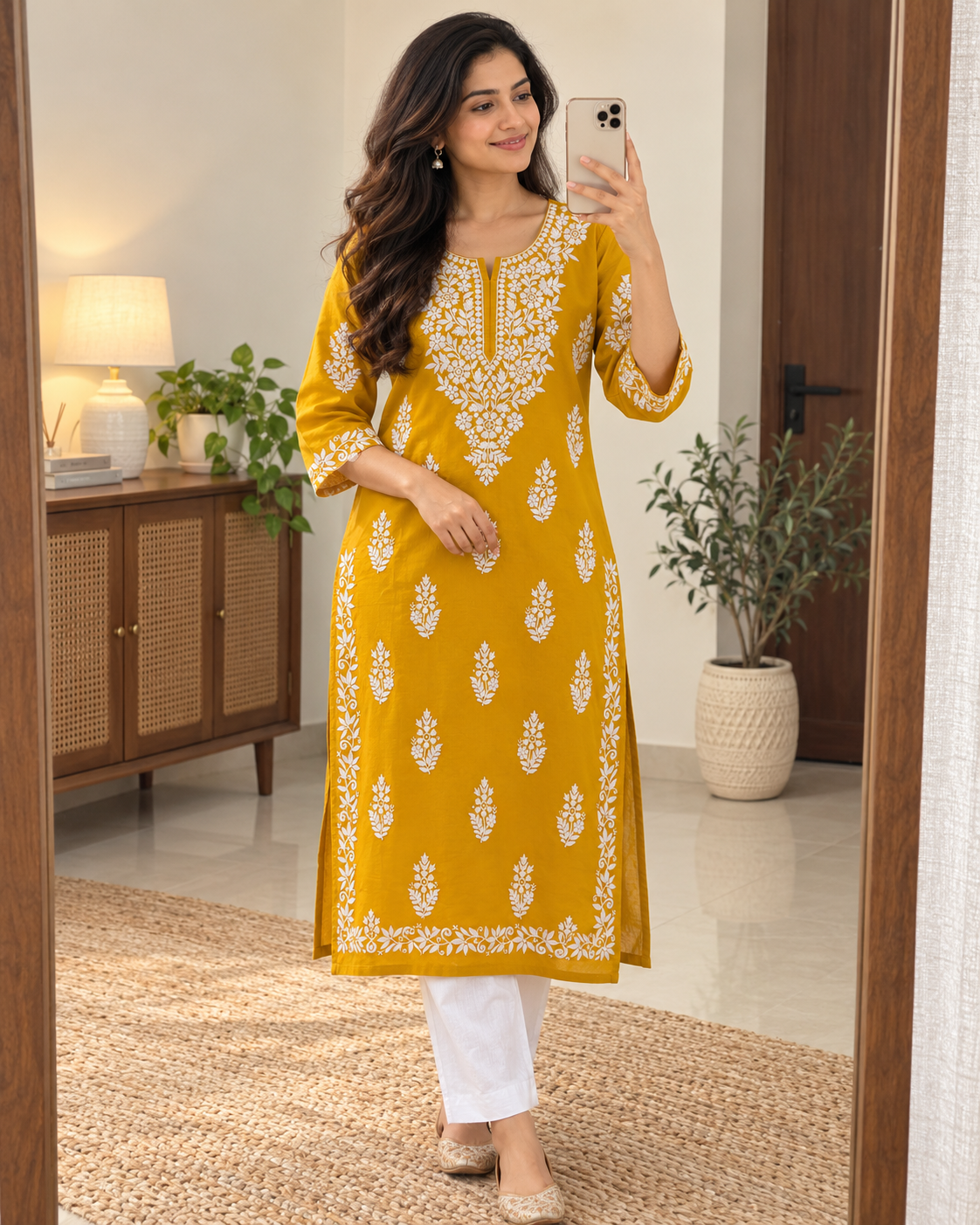 Marigold Yellow Embroidered Cotton Kurta UGC-style mirror selfie