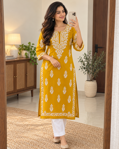 Marigold Yellow Embroidered Cotton Kurta UGC-style mirror selfie