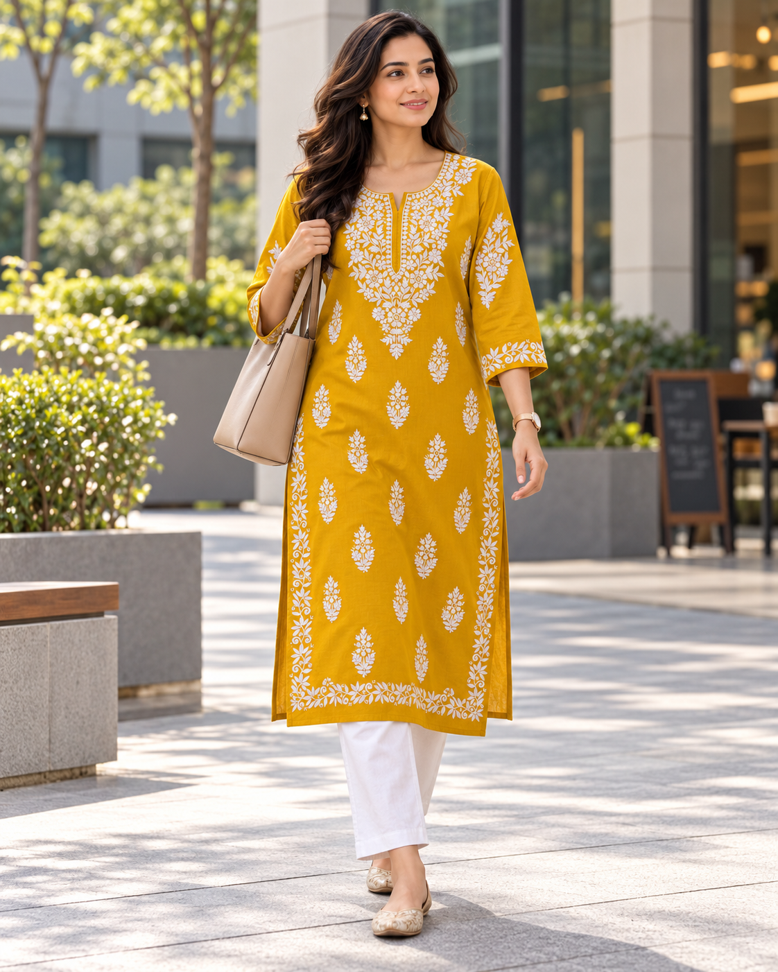 Marigold Yellow Embroidered Cotton Kurta office look with shoulder tote