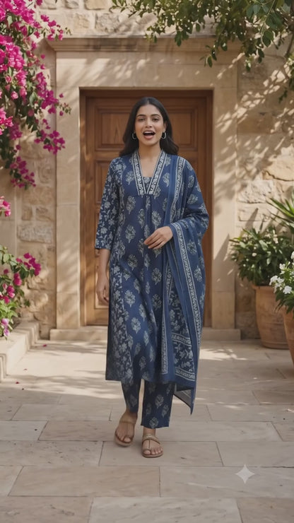 Royal Navy Blue Buta Pure Cotton Suit Set