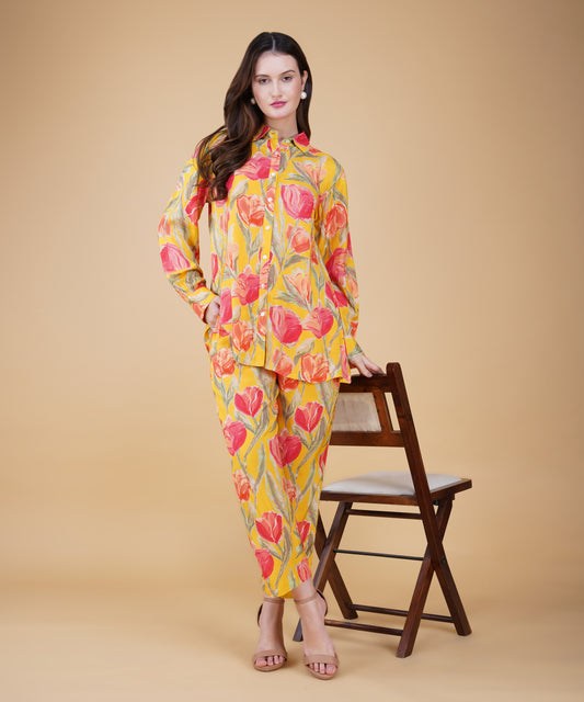 Yellow Floral Muslin cord set